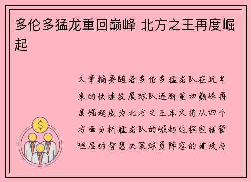 多伦多猛龙重回巅峰 北方之王再度崛起 多伦多猛龙重回巅峰 北方之王再度崛起