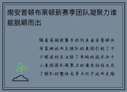 南安普顿布莱顿新赛季团队凝聚力谁能脱颖而出