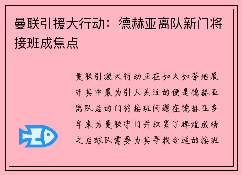 曼联引援大行动:德赫亚离队新门将接班成焦点 曼联引援大行动:德赫亚离队新门将接班成焦点
